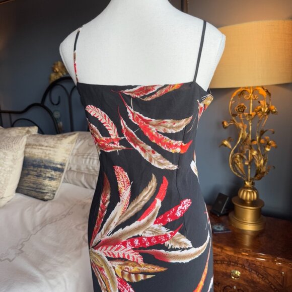 Black w Tropical Red Feather Print Chiffon Midi Dress - Picture 9 of 15